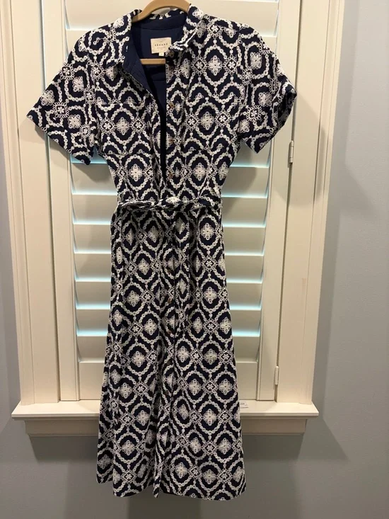 Sezane Navy and White Printed Midi Dress - Picture 4 of 4